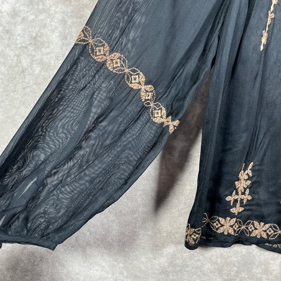 Lucky Brand Top Womens Small Black Gold‎ Embroidered Long Sleeve Sheer Boho - Picture 4 of 9